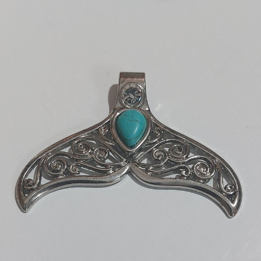 Silver Whale Tail Pendant with Faux Turquoise Stone